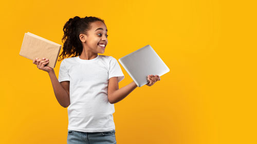 excited girl with books