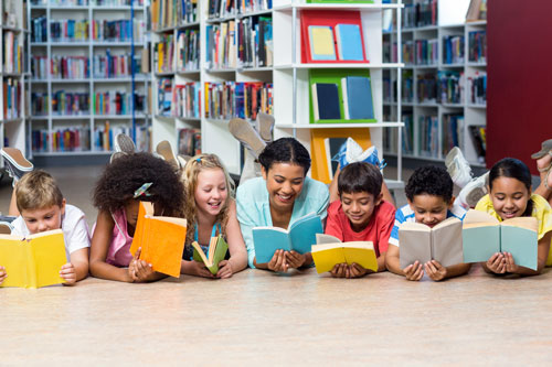 Line of Kids Reading Books